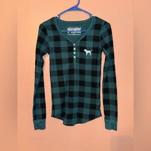 Victoria's Secret PINK Cozy Waffle I Only Sleep Buffalo Plaid Shirt Top XS GREEN